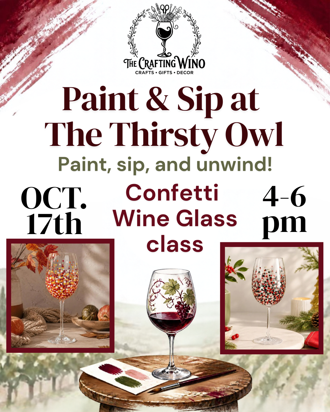 October 17th Wine Glass Painting Class at The Thirsty Owl Saratoga, 4:00-6:00pm
