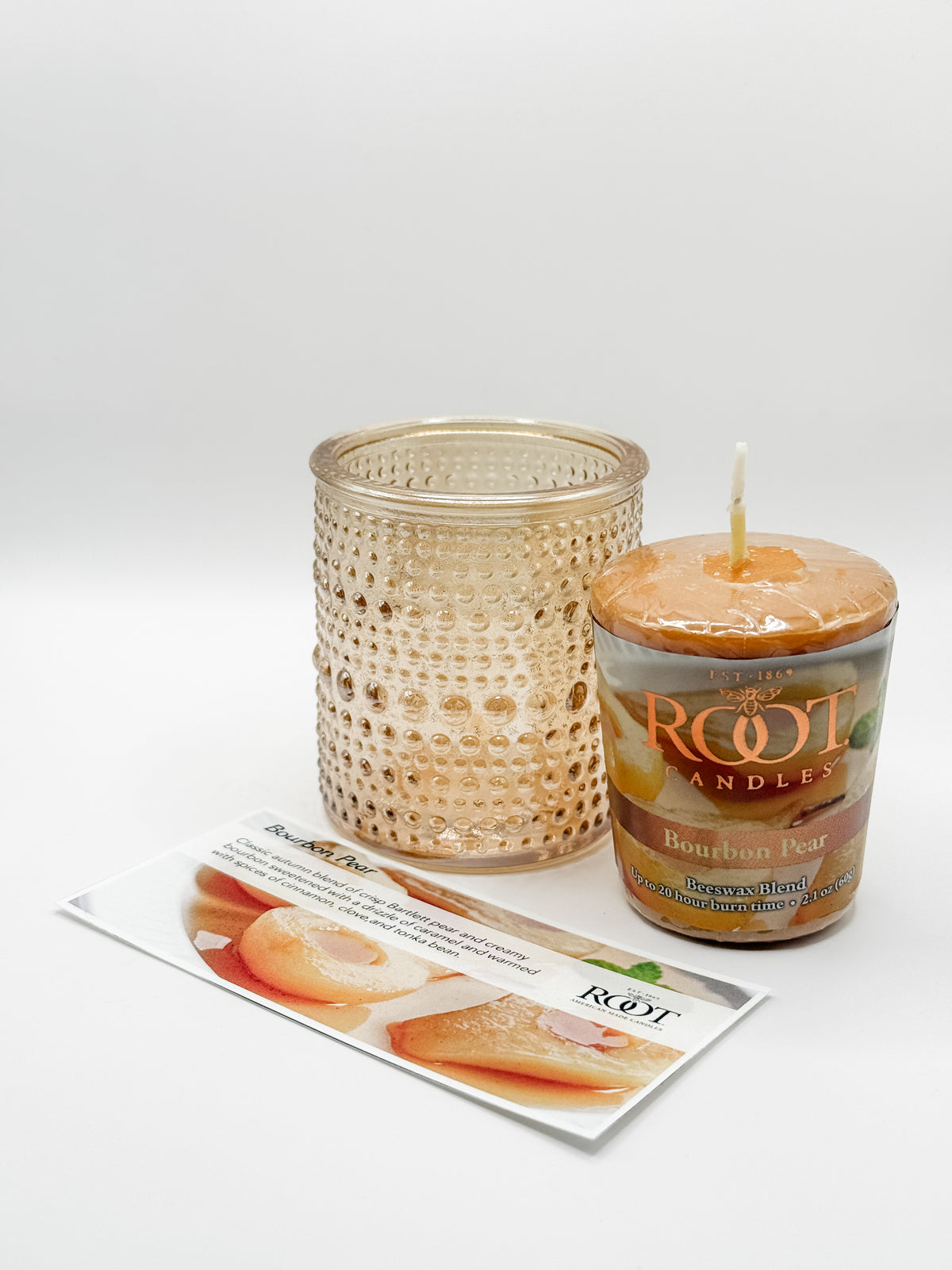 Root Candle - Bourbon Pear - Glass Votive and Candle bundle